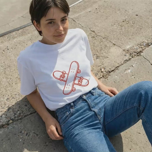 Ivory oversized t-shirt | skateboards in a cross